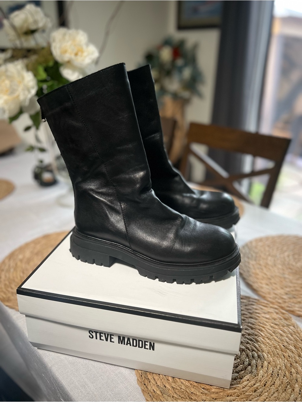 Steve Madden Black Leather Chunky Lug-Sole Mid Calf Boots